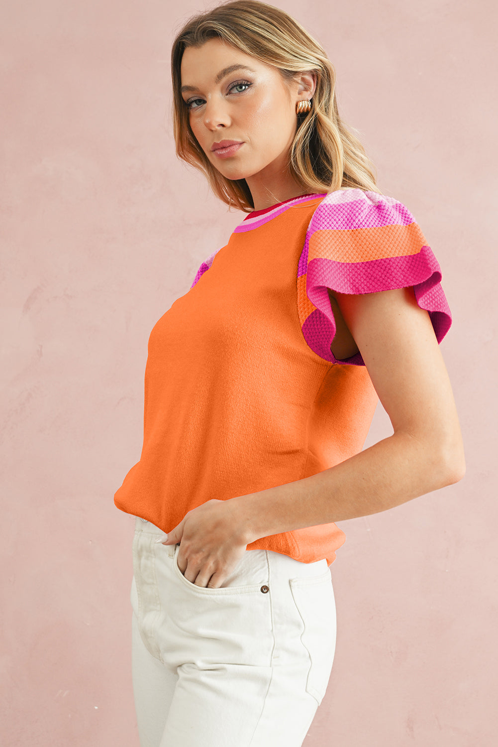 Bright Pink Contrast Sleeve Striped Round Neck Knitted Tee