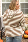 Brown Stripe Drop Sleeve Plus Size Henley Hoodie