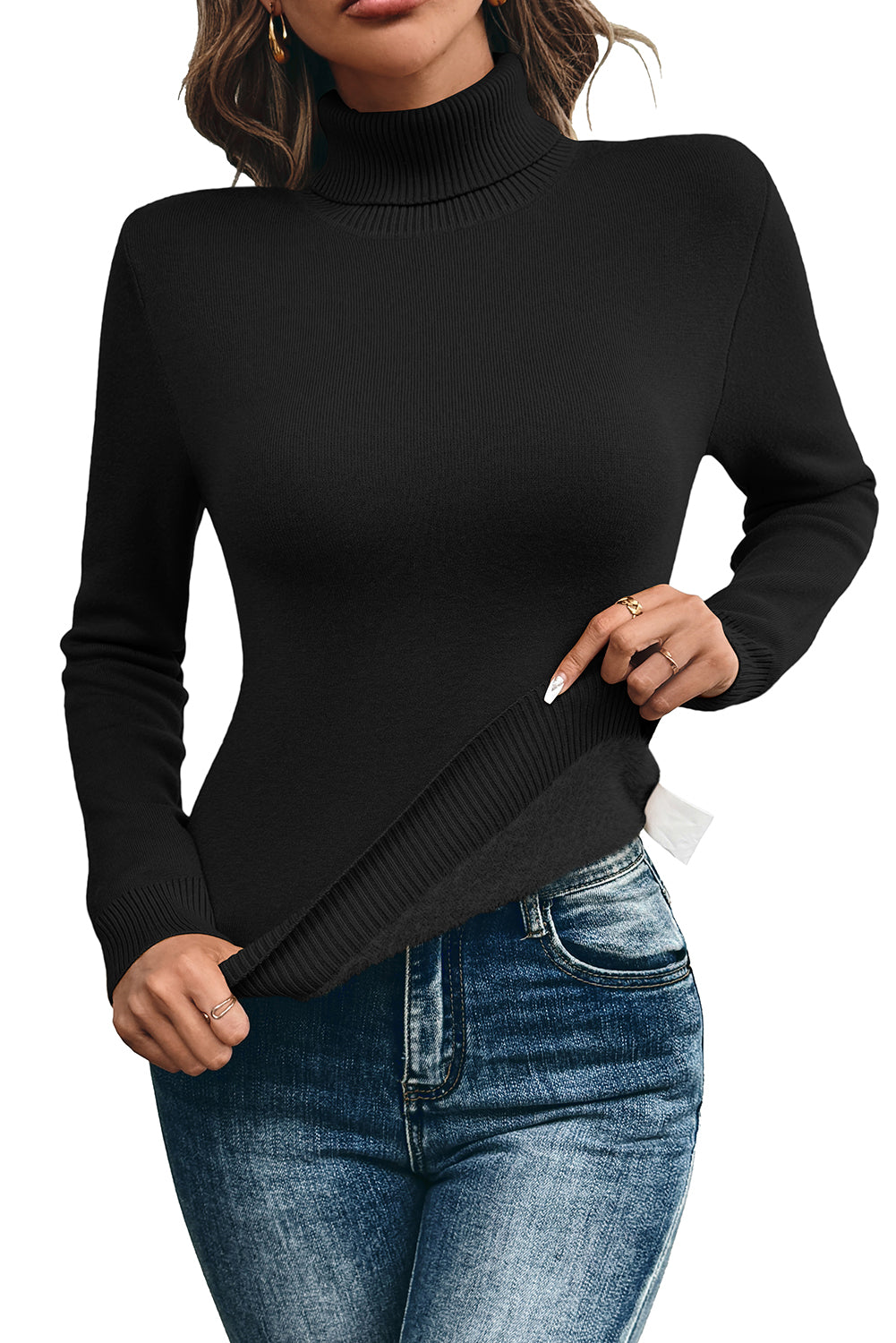 Black Knit Fleece Lined Turtleneck Thermal Slim Fit Top