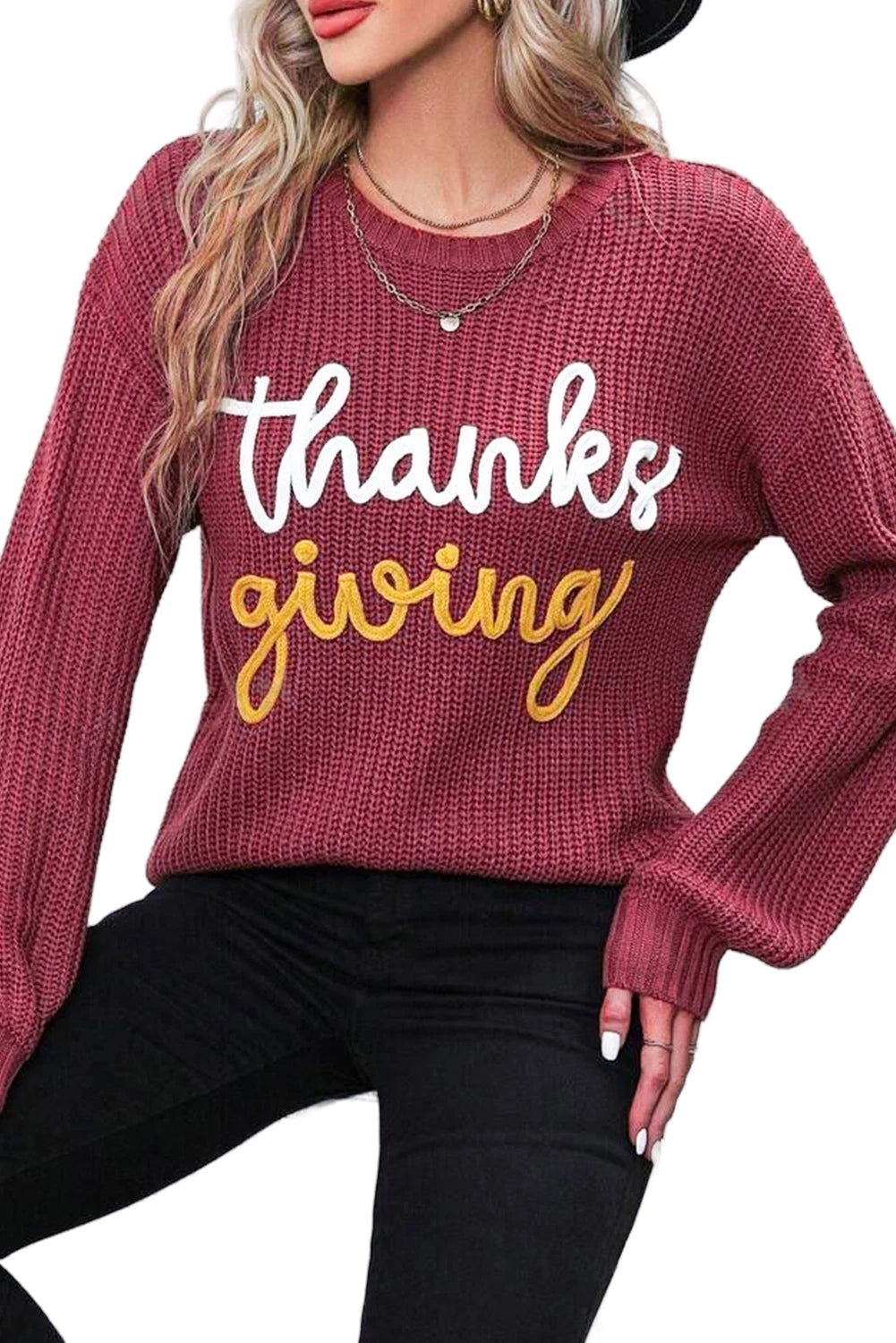 Red Sandalwood Thanksgiving Letter Graphic Crew Neck Sweater