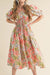 Apricot Pink Floral Knot Front Smocked Bubble Sleeve Dress