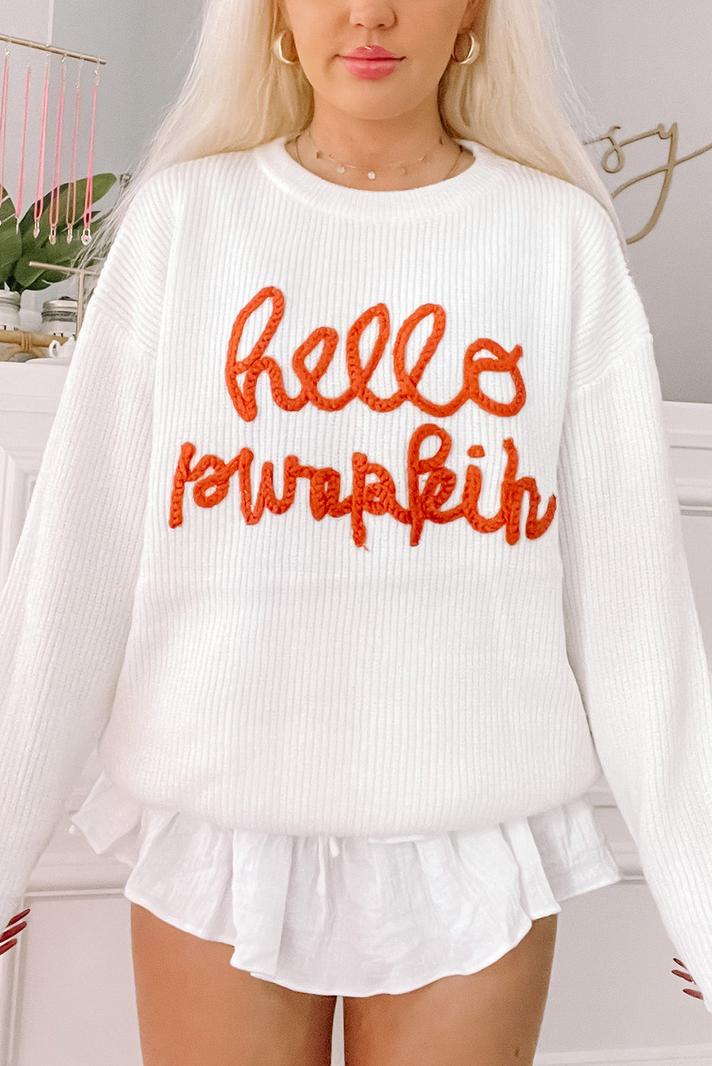 White Hello Pumpkin Graphic Sweater