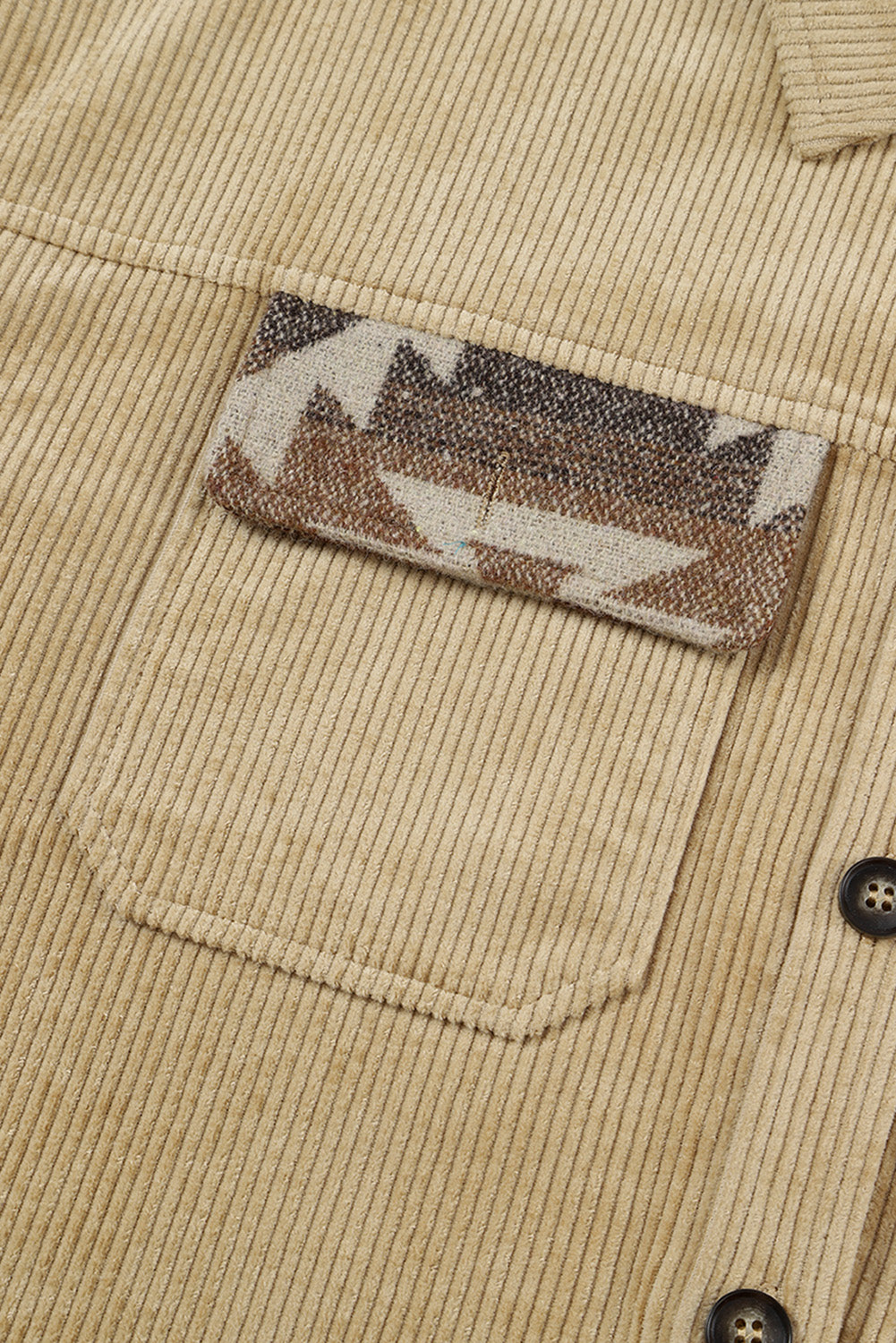 Khaki Geometric Print Patchwork Frayed Edge Corduroy Jacket