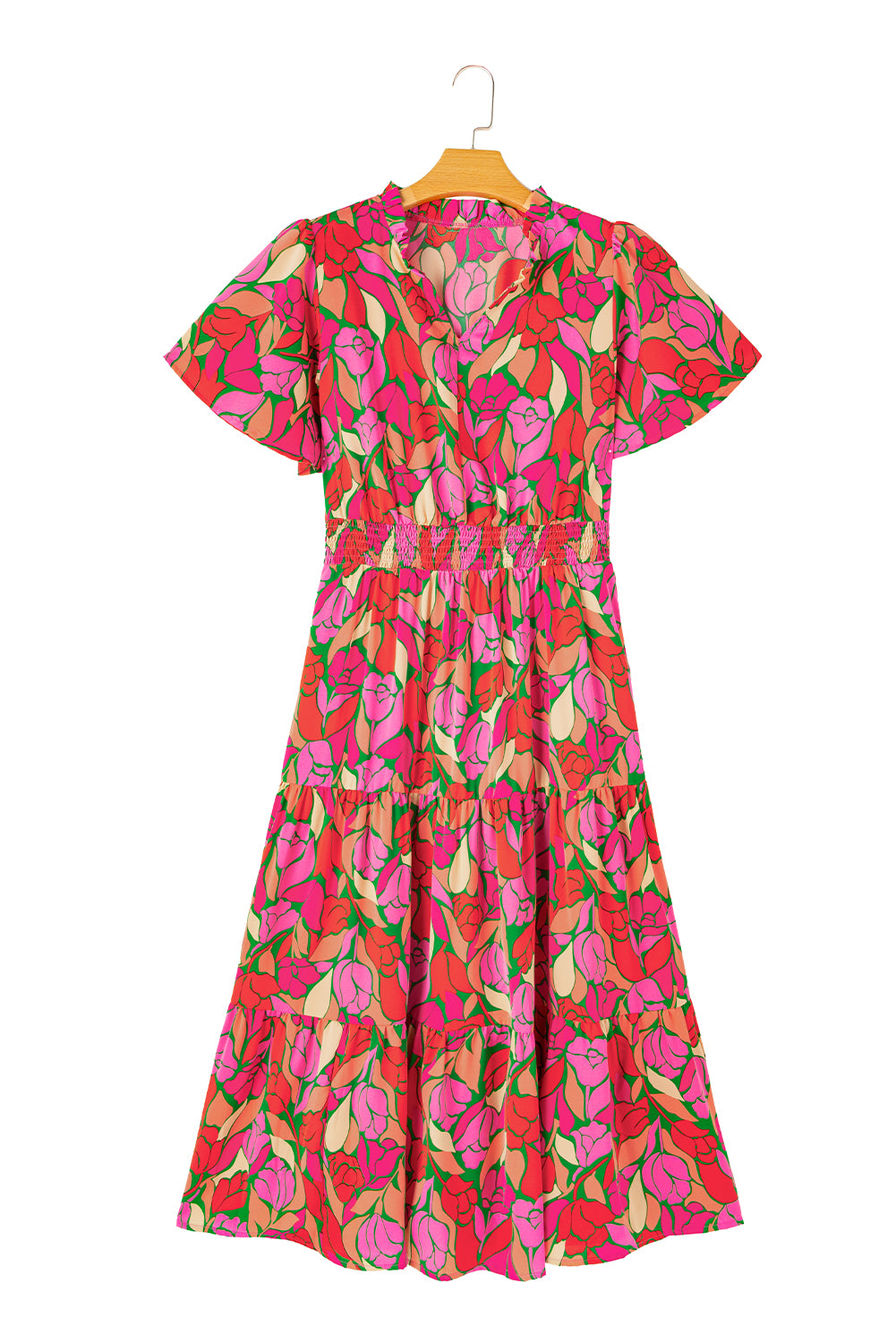 Rose Floral Flounce Sleeve Smocked Waist Tiered Maxi Dress