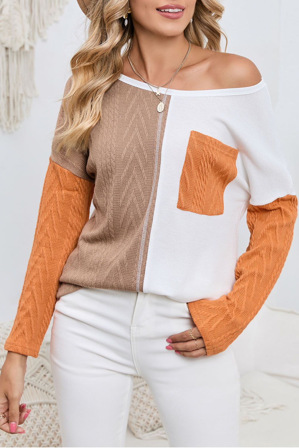 Orange Long Sleeve Colorblock Chest Pocket Textured Knit Top