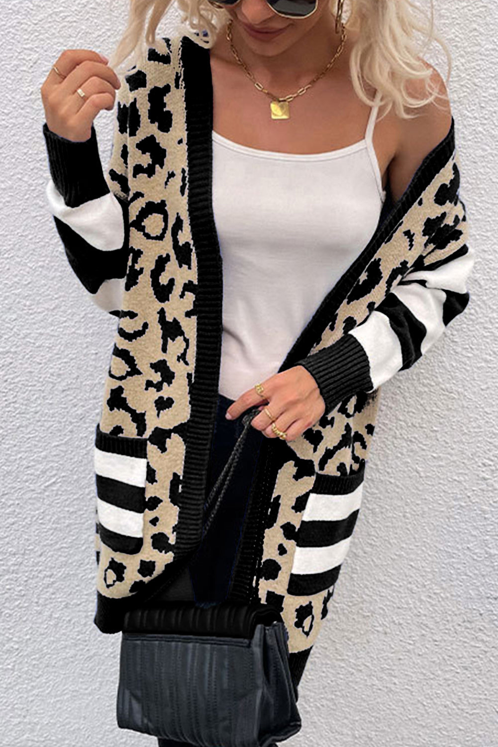 Black Stripe Sleeve Leopard Print Cardigan