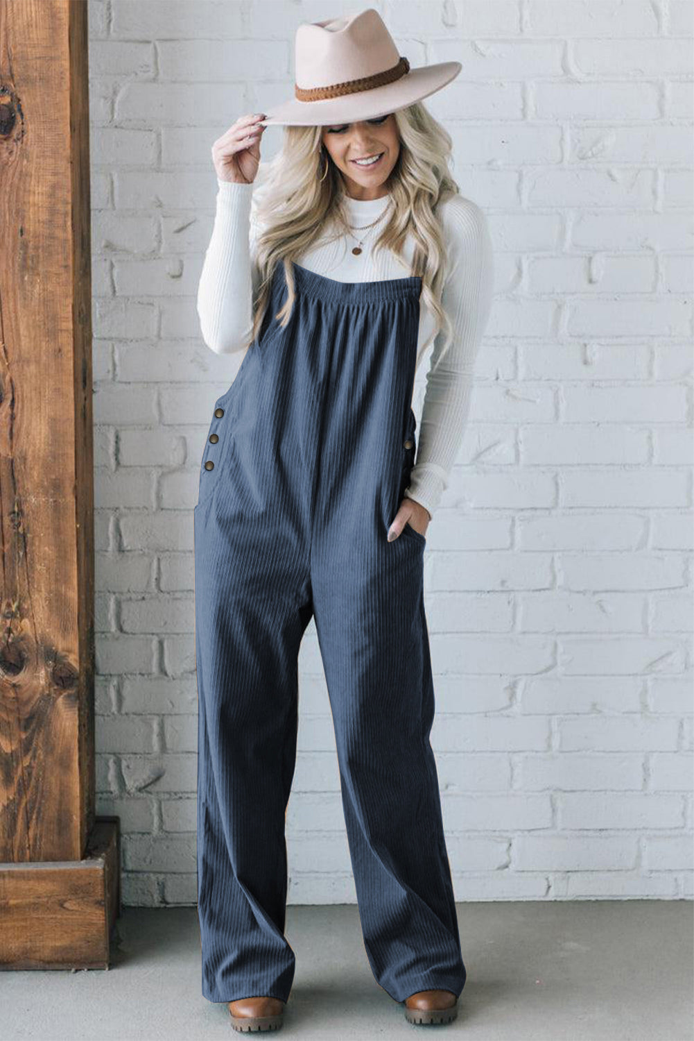 Gray Morn Plain Pocketed Loose Fit Corduroy Overalls