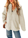 Beige Fleece Zip Up Drawstring Hooded Pocketed Jacket