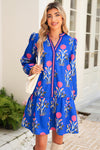 White Floral Print Pop of Color V Neck Mini Dress