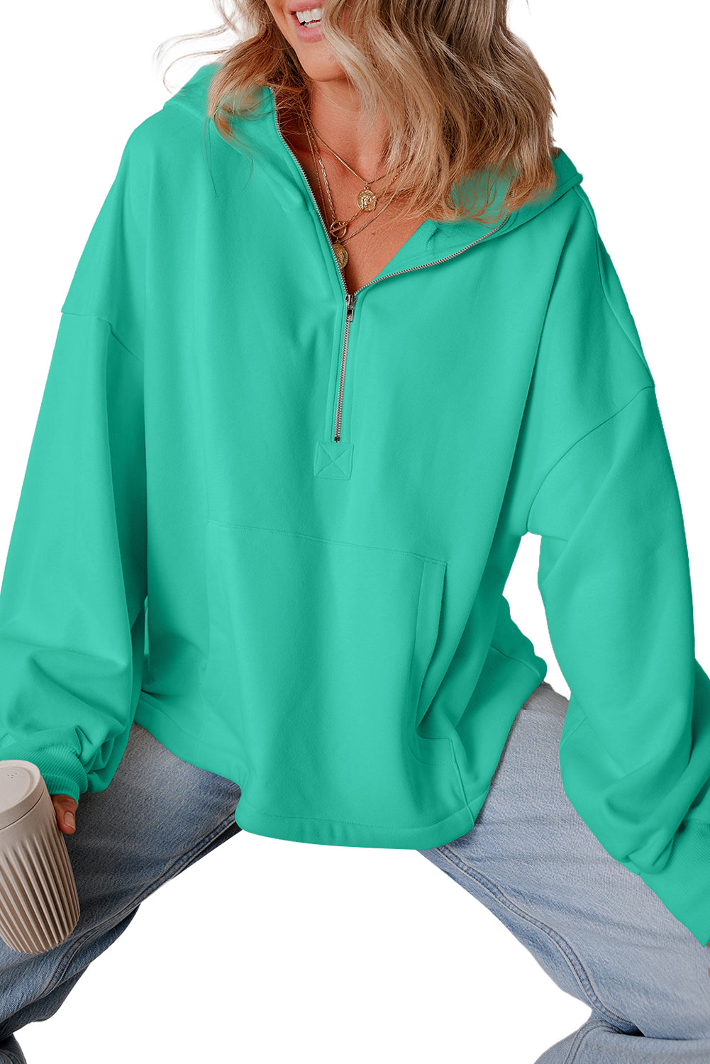 Smoke Green Half Zipper Kangaroo Pockets Drop Shoulder Hoodie