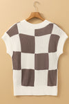 Light Blue Checkered Color Block Crew Neck Short Sleeve Sweater