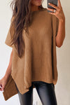 Rose Red Side Slit Short Sleeve Oversized Sweater