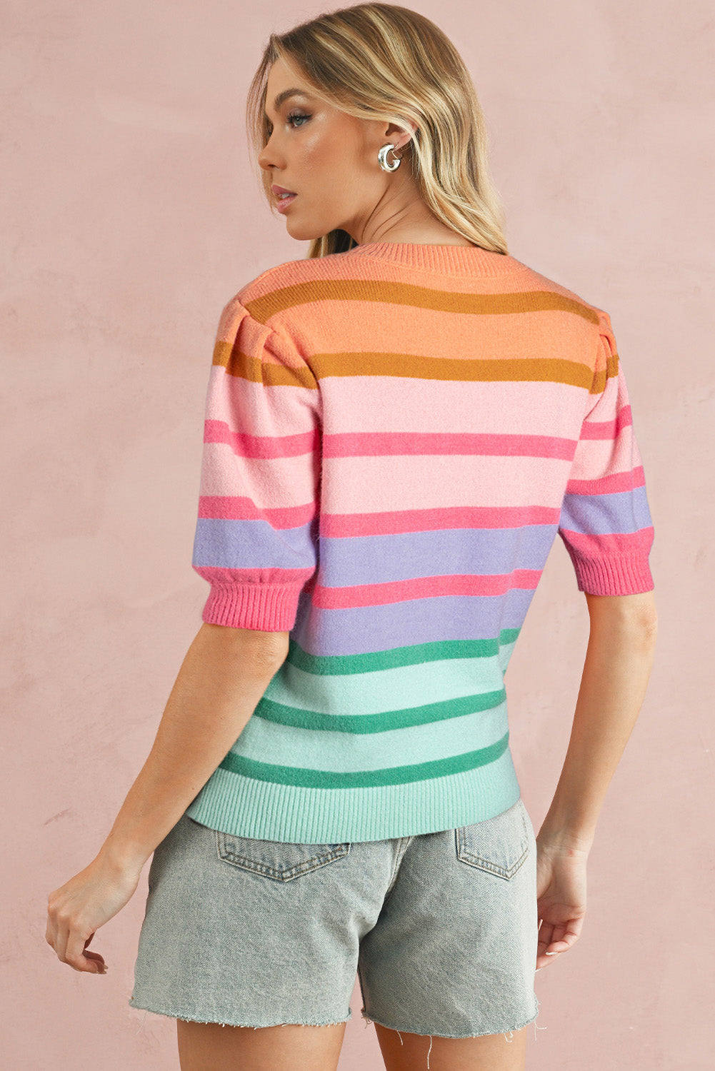 Rose Red Colourful Stripe Bubble Sleeve Gradient Knit Top