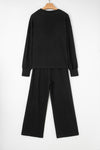 Black Textured Chest Pocket Drop Sleeve Top and Pants Set