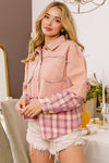 Pink Denim and Flannel Button Up Shirt Shacket with Pockets