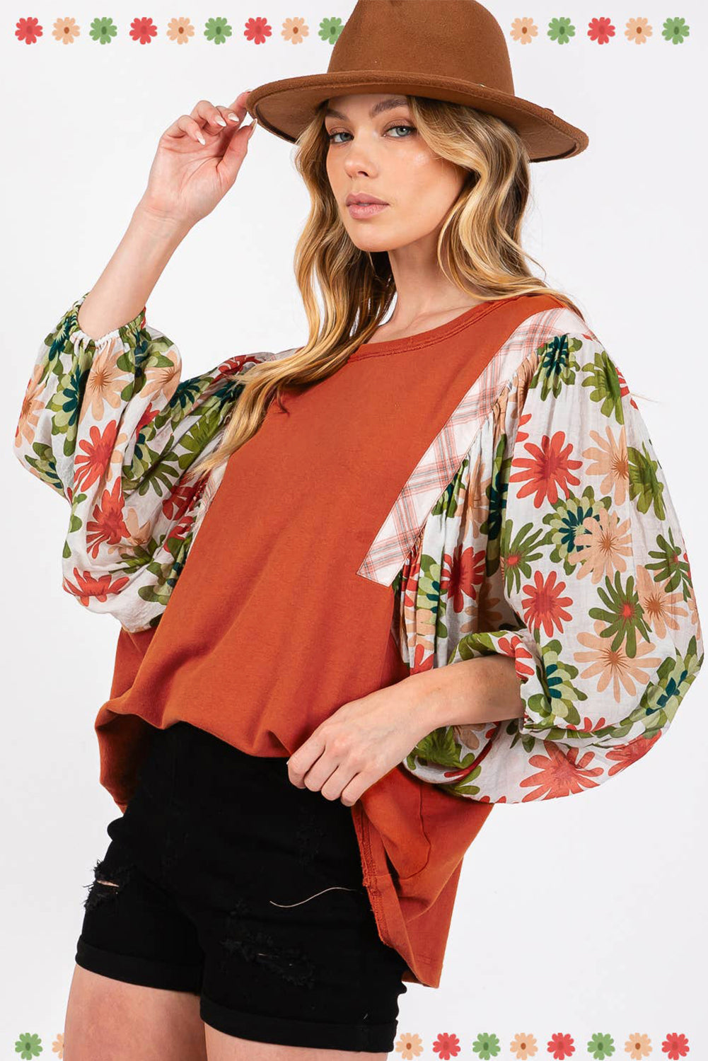 Desert Gold Floral Patchwork Sleeve Loose Top