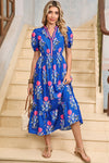 White Floral Ruffle Hem Pop of Color Neckline Dress