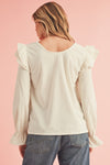 Beige Corduroy Round Neck Ruffled Flounce Sleeve Blouse