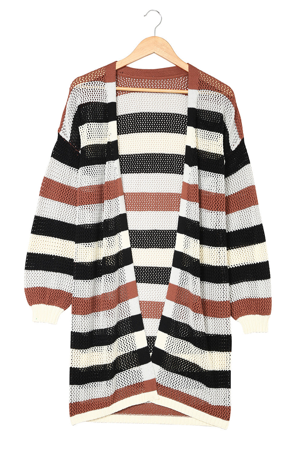 Black Striped Color Block Casual Hollow Cable Knit Cardigan