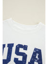 White USA Flag Print Ribbed Drop Shoulder Sweatshirt