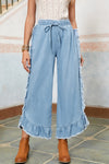 Myosotis Light Wash Raw Hem Ruffle Wide Leg Jeans