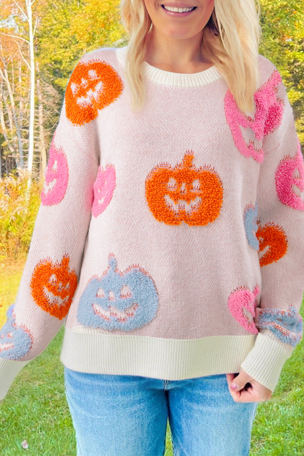Beige Halloween Cute Pumpkin Pattern Sweater