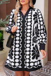 Black Abstract Print V Neck Puff Sleeve Mini Dress