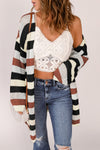 Black Striped Color Block Casual Hollow Cable Knit Cardigan