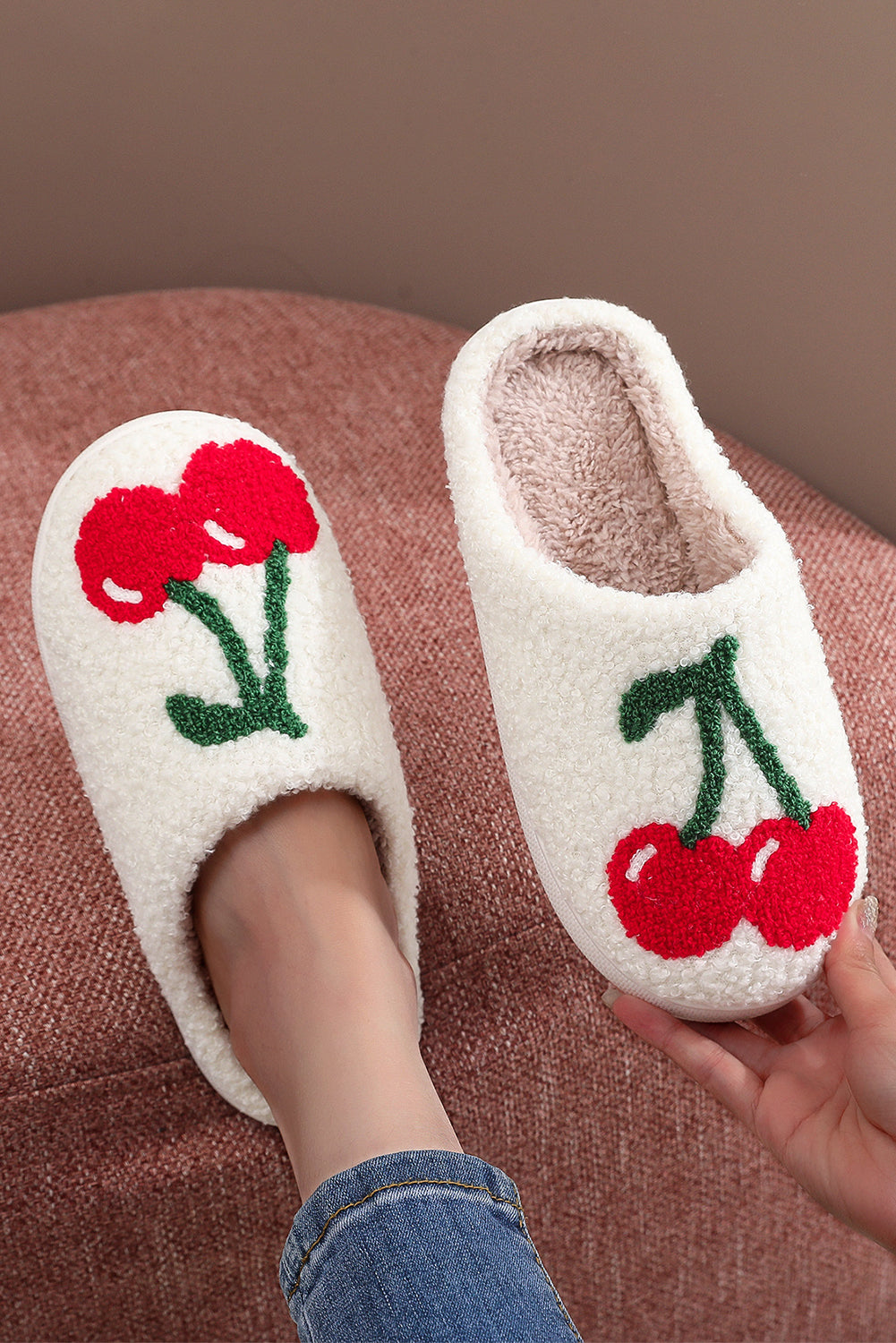 White Cute Fruit Cherry Open Heel Plush Slippers