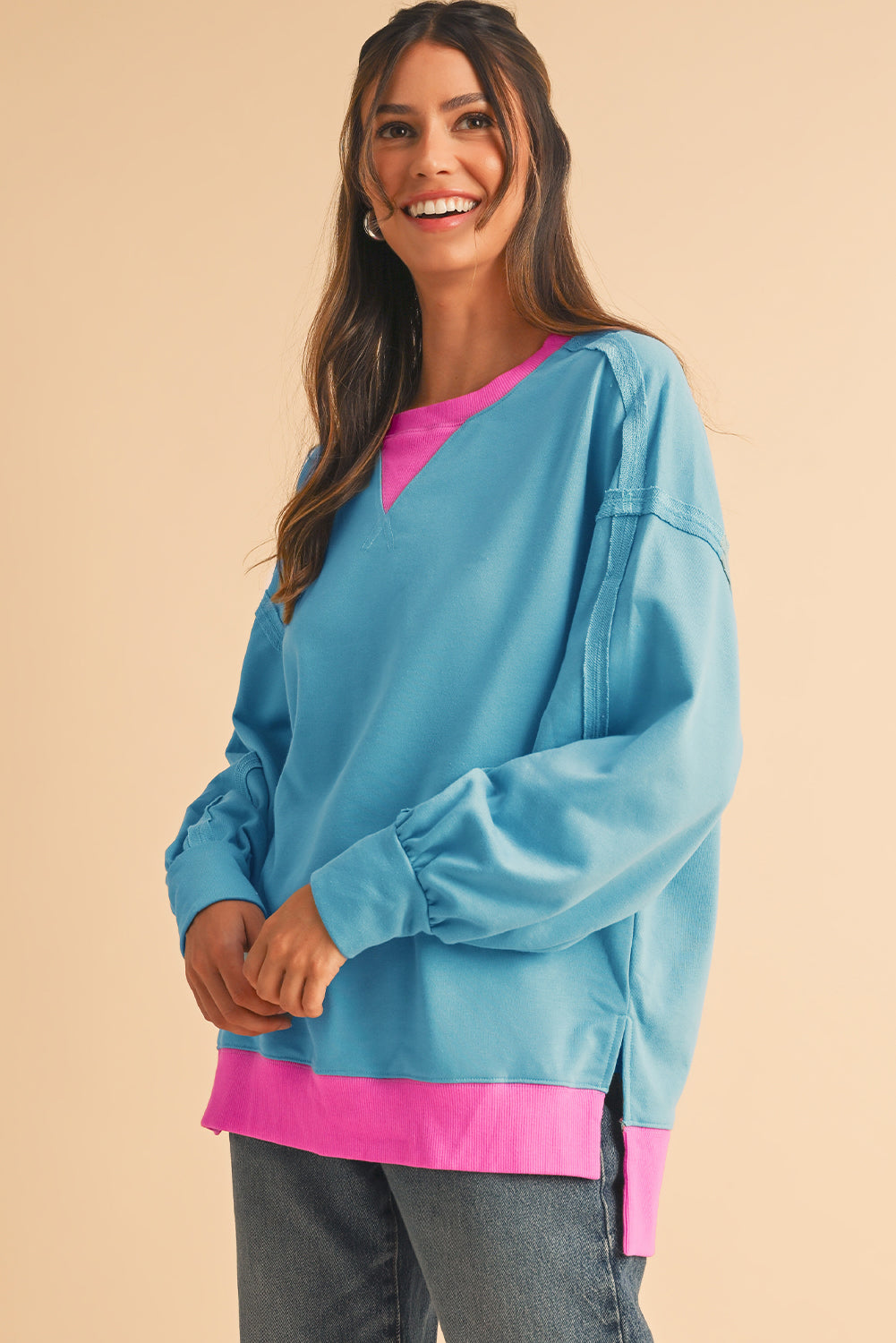 Light Blue Drop Sleeve Contrast Trim Oversized Sweatshirt