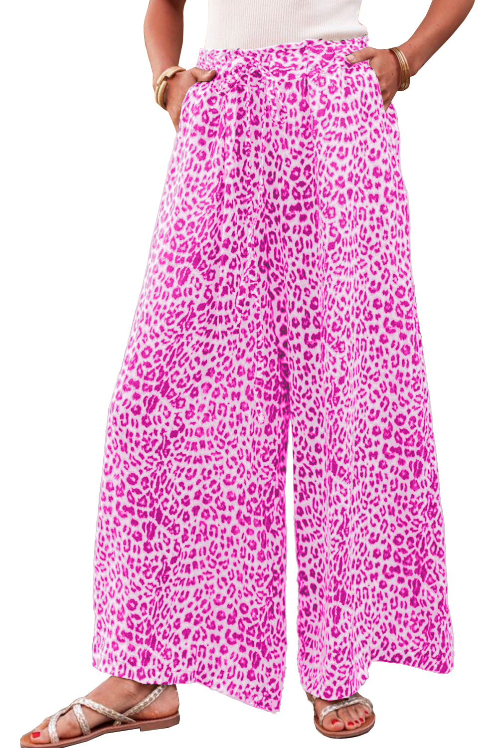 Bright Pink Boho Leopard Print Wide Leg Pants