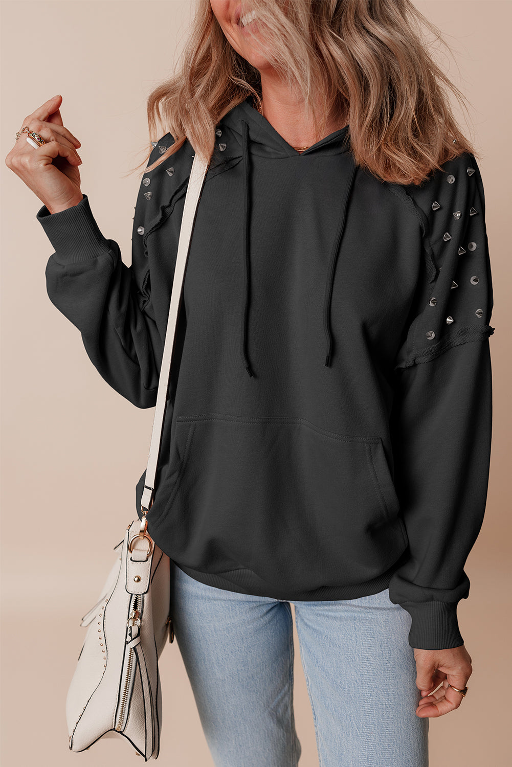 Black Stud Detail Kangaroo Pocket Drawstring Hoodie