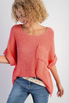 Fresh Salmon Short Sleeve Patched Pocket Split Baggy Knit Top