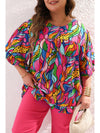 Rose Abstract Print Plus Size Frilly Trim Blouse