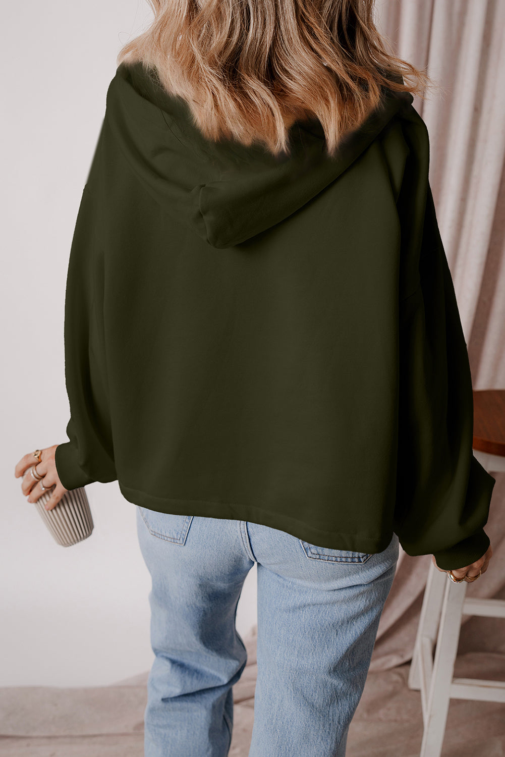 Smoke Green Half Zipper Kangaroo Pockets Drop Shoulder Hoodie