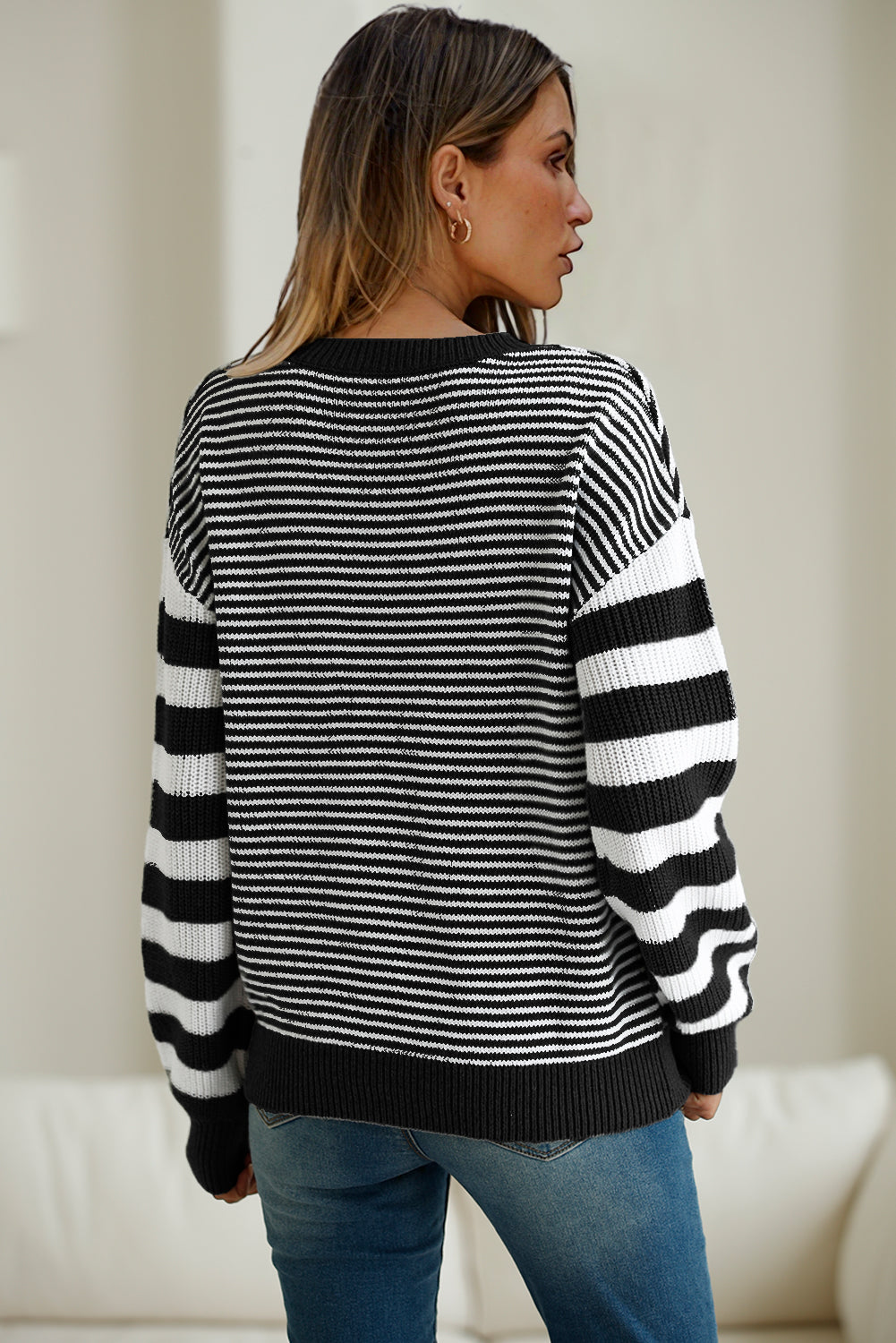 Black Stripe Twisted Knitted Drop Shoulder Sweater