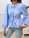 Devine Tied Round Neck Long Sleeve Blouse - Cocoa Yacht Club