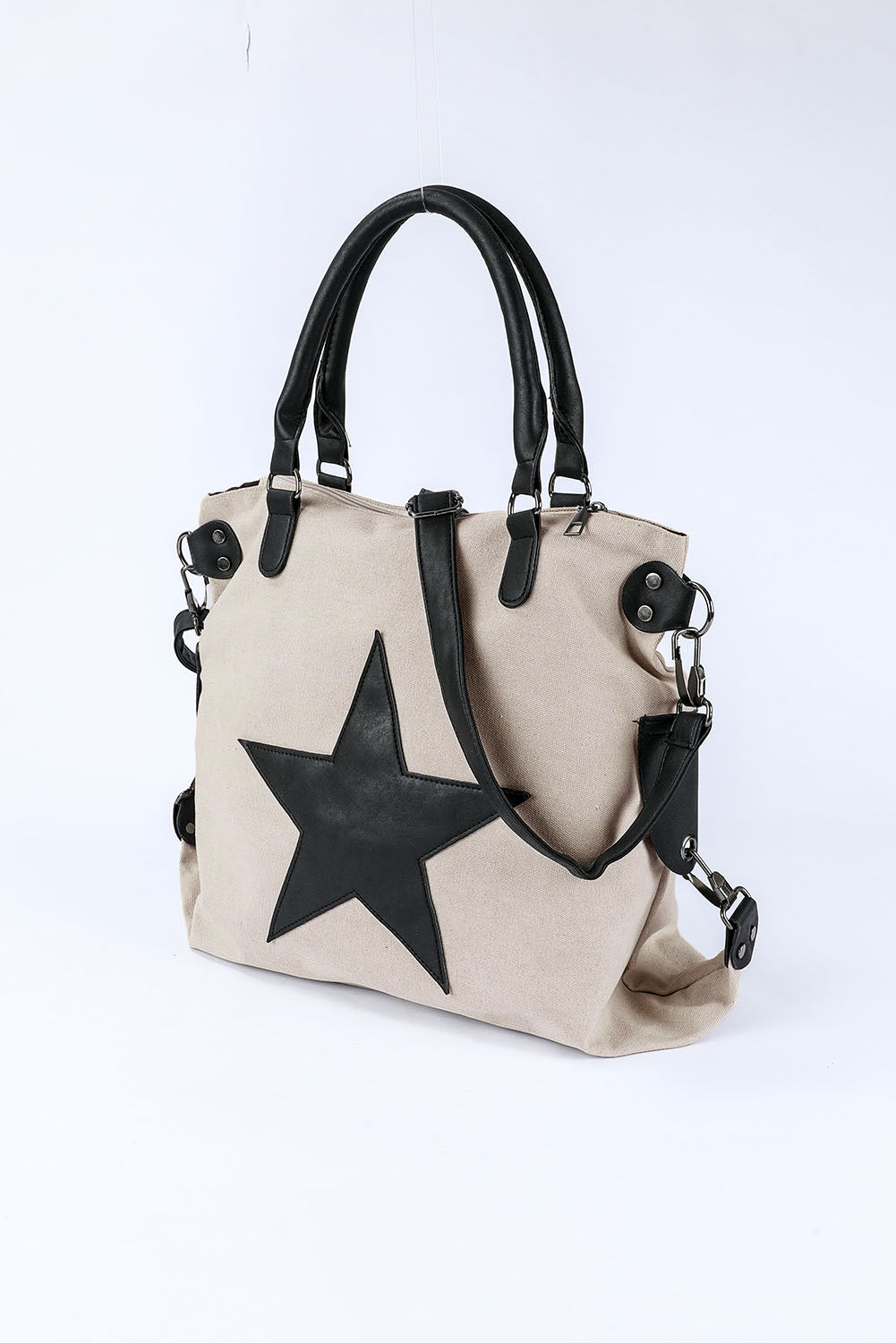 Beige Casual Star Patched Canvas Tote Bag