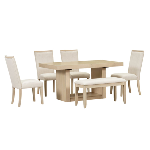 TOPMAX Contemporary 6-Piece 78inch Extendable Pedestal Dining Table Set with 18inch Removable Leaf and Dining Bench, 4 Upholstered Dining Chairs, Natural