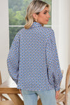 Sky Blue Abstract Print Collared Lantern Sleeve Shirt