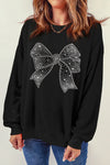 Black Rhinestone Bowknot Graphic Crewneck Pullover Sweatshirt