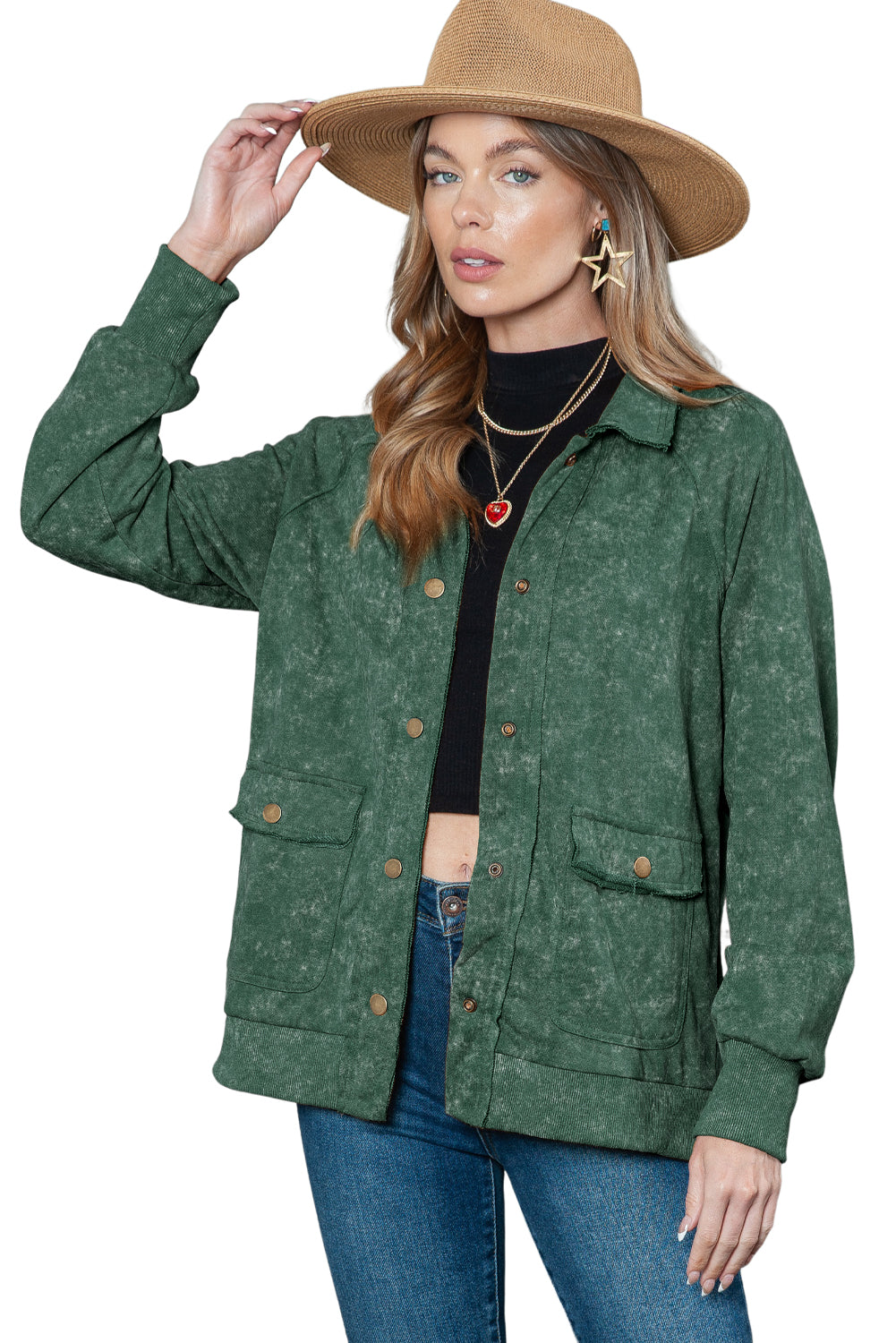 Green Snap Button Casual Flap Pockets Collared Jacket