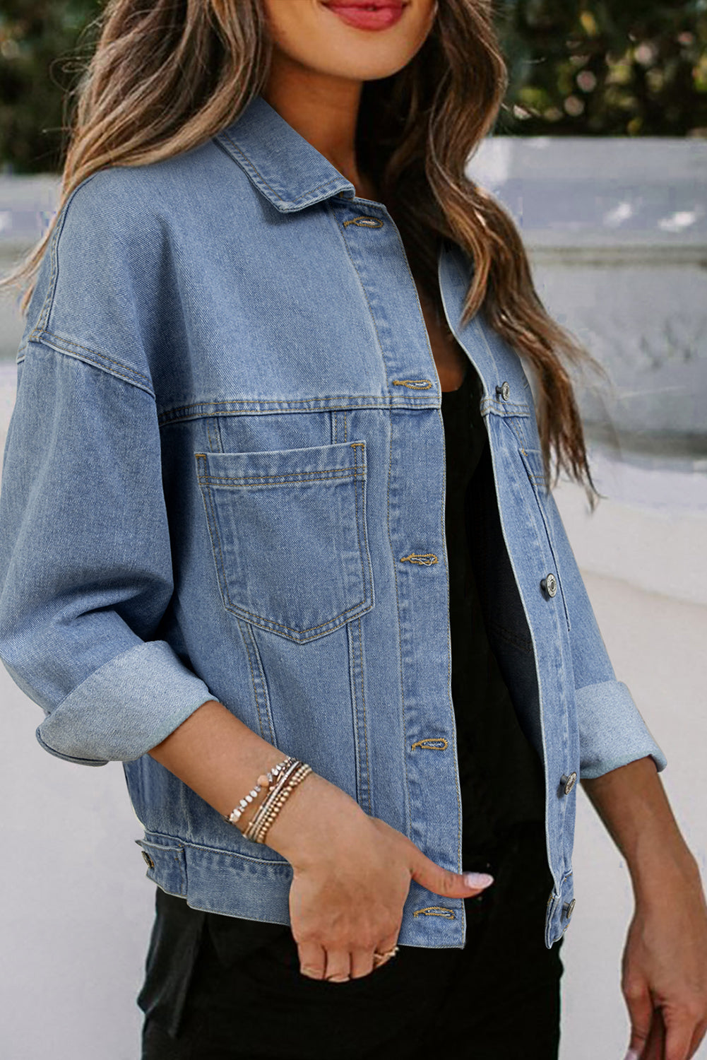 Blue Stripe Washed Oversized Pocketed Denim Jacket