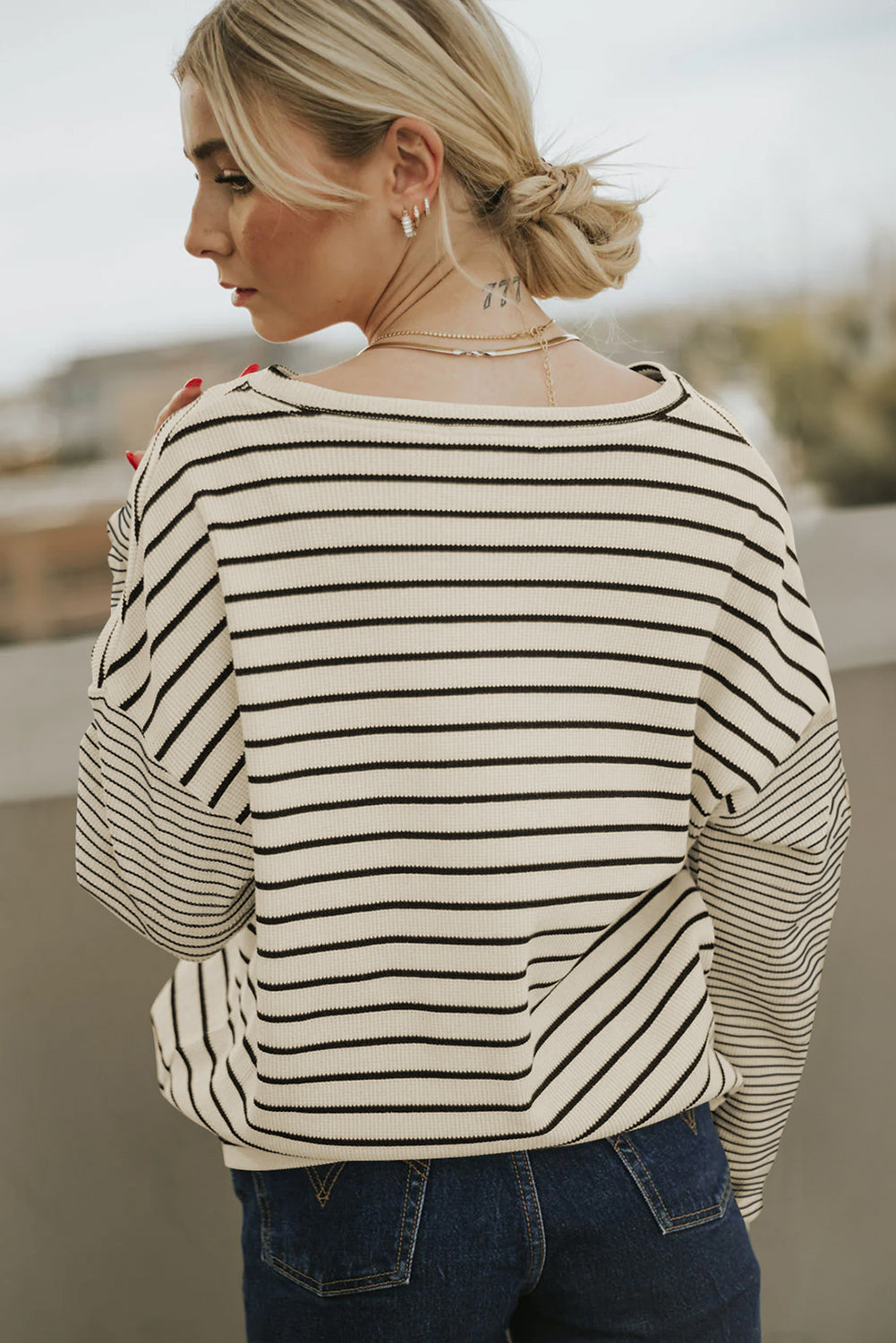 Black Stripe Patchwork Loose Long Sleeve Tee