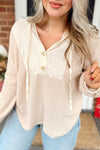 Oatmeal Waffle Patchwork Drop Shoulder Hooded Long Sleeve Top