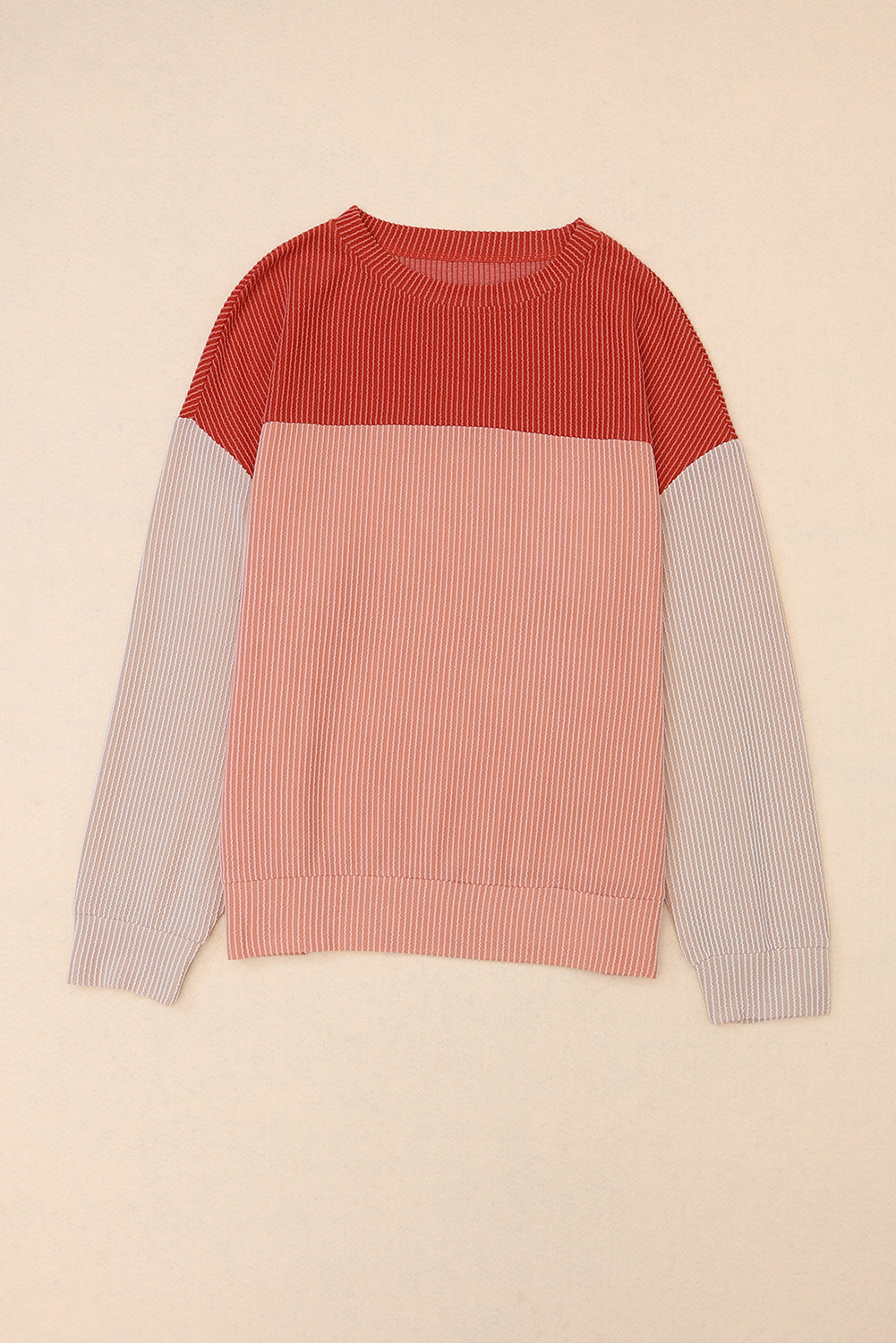 Red Color Block Ribbed Loose Long Sleeve Top