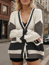 Contrast Button Up Long Sleeve Cardigan - Cocoa Yacht Club