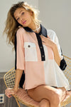BiBi Color Block Quarter Neck Short Dolan Sleeve Top