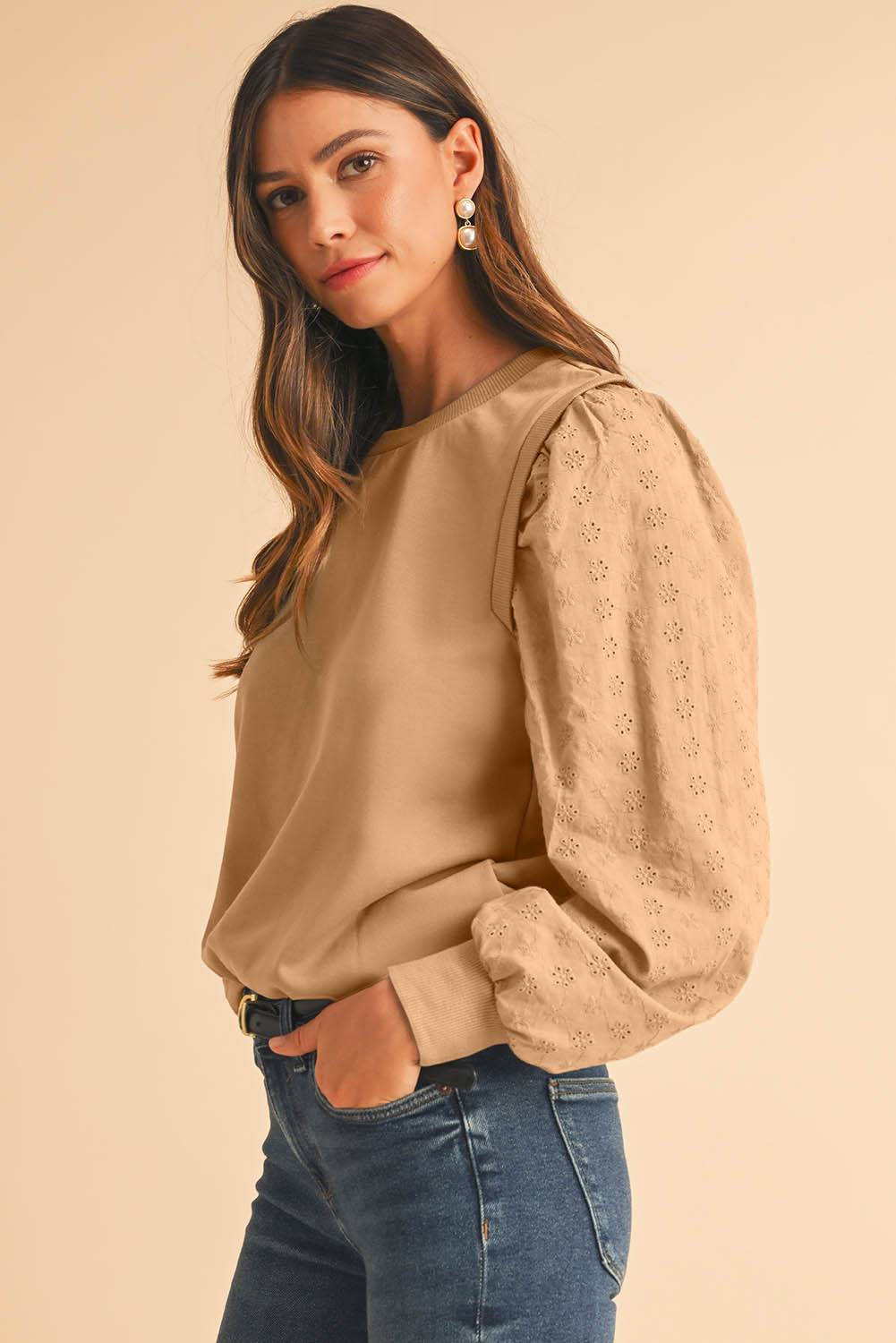 Black Eyelet Embroidered Patchwork Sleeve Ribbed Sweatshirt