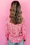 Pink Floral Puff Sleeve Split Neck Blouse